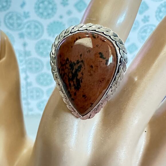 Mahogany obsidian gemstone rang silver overlay stamped 925 adjustable - Picture 1 of 5